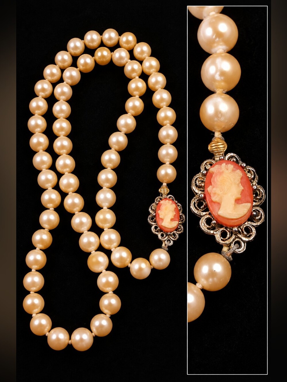 Vintage Mid Century Made in Japan Glass Faux Pearl Cameo Necklace